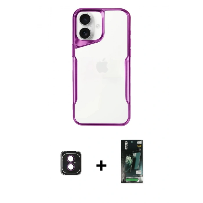 MARSİLYAN™- iPhone 16 Kılıf Akış Çizgi Koleksiyonu - Siyah 360 Mat Full Body Arka Koruyucu + PVD Metal Kamera Lens - PE