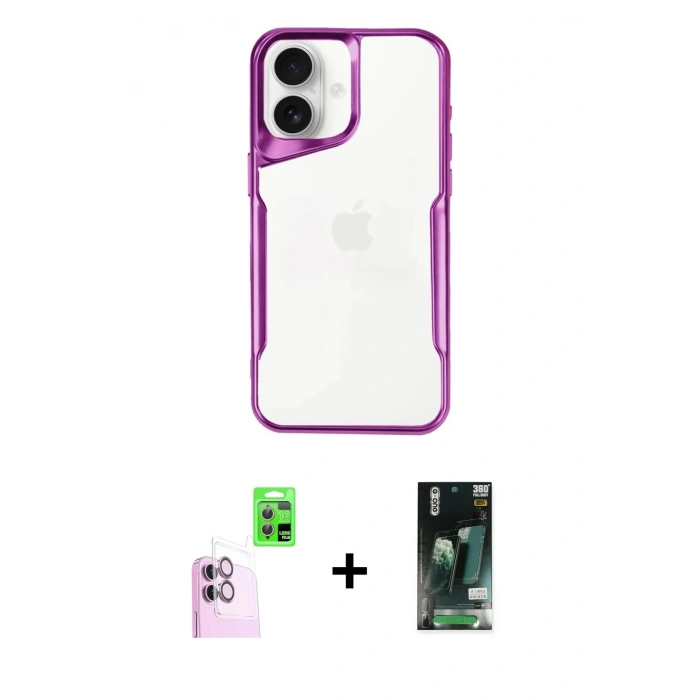 MARSİLYAN™- iPhone 16 Kılıf Akış Çizgi Koleksiyonu - Siyah 360 Mat Full Body Arka Koruyucu + Raze Metal Kamera Lens - PE