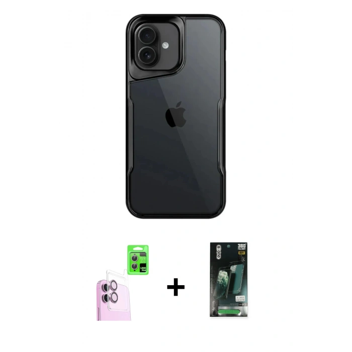 MARSİLYAN™- iPhone 16 Kılıf Akış Çizgi Koleksiyonu - Siyah 360 Mat Full Body Arka Koruyucu + Raze Metal Kamera Lens - PE