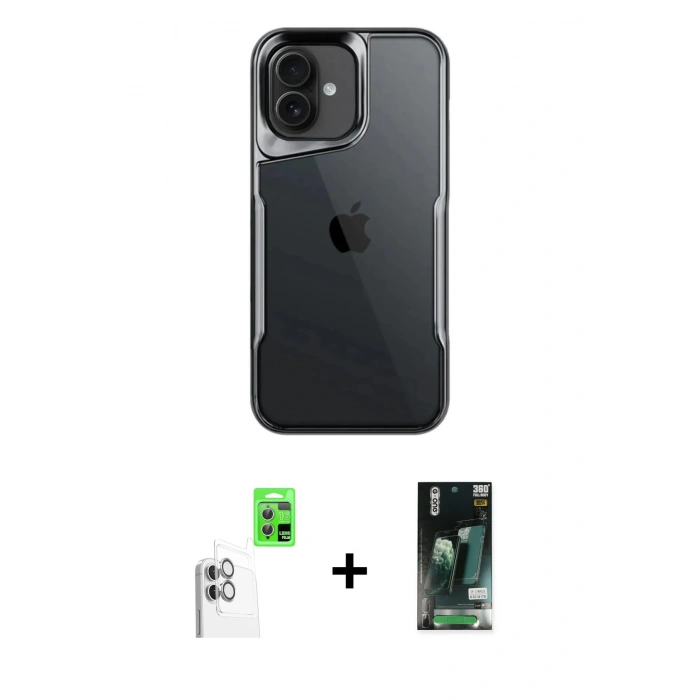 MARSİLYAN™- iPhone 16 Kılıf Akış Çizgi Koleksiyonu - Siyah 360 Mat Full Body Arka Koruyucu + Raze Metal Kamera Lens - BZ