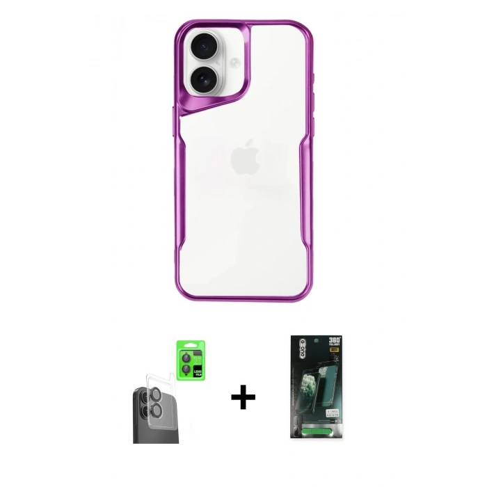 MARSİLYAN™- iPhone 16 Kılıf Akış Çizgi Koleksiyonu - Siyah 360 Mat Full Body Arka Koruyucu + Raze Metal Kamera Lens - SH