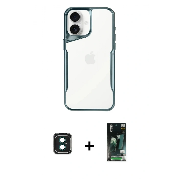 MARSİLYAN™- iPhone 16 Kılıf Akış Çizgi Koleksiyonu - Siyah 360 Mat Full Body Arka Koruyucu + PVD Metal Kamera Lens - YL