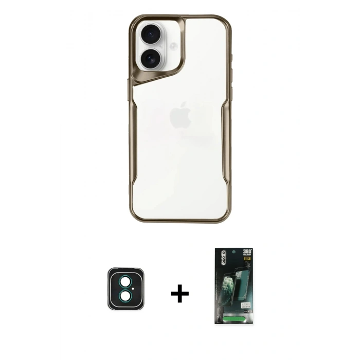 MARSİLYAN™- iPhone 16 Kılıf Akış Çizgi Koleksiyonu - Siyah 360 Mat Full Body Arka Koruyucu + PVD Metal Kamera Lens - YL
