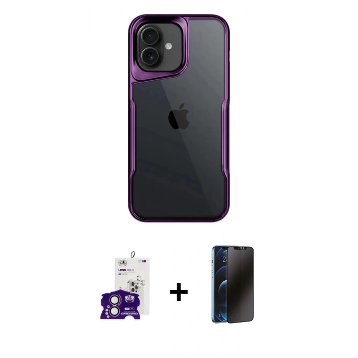MARSİLYAN™- iPhone 16 Kılıf Akış Çizgi Koleksiyonu - Siyah 3D Antistatik Hayalet Cam Ekran Koruyucu + Bilvis Titan Kamera Lens - PE