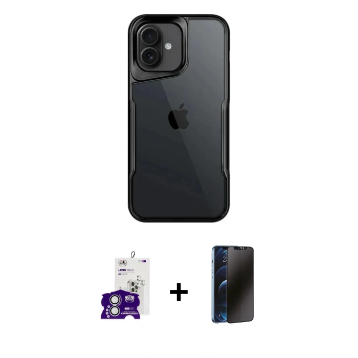 MARSİLYAN™- iPhone 16 Kılıf Akış Çizgi Koleksiyonu - Siyah 3D Antistatik Hayalet Cam Ekran Koruyucu + Bilvis Titan Kamera Lens - GS