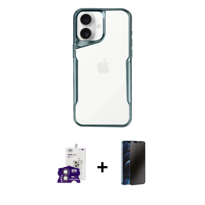 MARSİLYAN™- iPhone 16 Kılıf Akış Çizgi Koleksiyonu - Siyah 3D Antistatik Hayalet Cam Ekran Koruyucu + Bilvis Titan Kamera Lens - PE