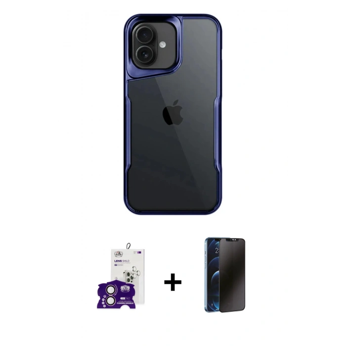 MARSİLYAN™- iPhone 16 Kılıf Akış Çizgi Koleksiyonu - Siyah 3D Antistatik Hayalet Cam Ekran Koruyucu + Bilvis Titan Kamera Lens - PE
