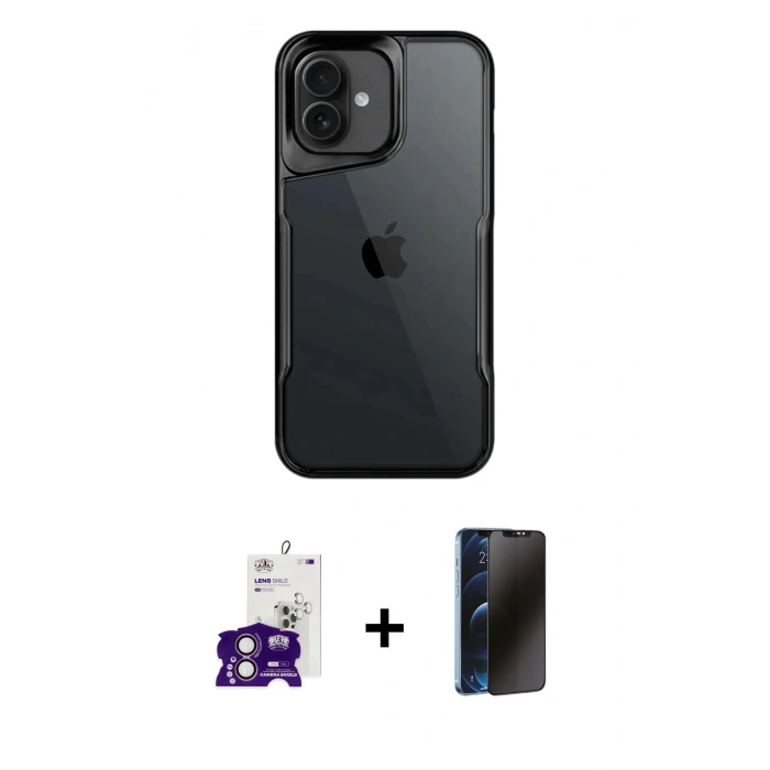 MARSİLYAN™- iPhone 16 Kılıf Akış Çizgi Koleksiyonu - Siyah 3D Antistatik Hayalet Cam Ekran Koruyucu + Bilvis Titan Kamera Lens - PE