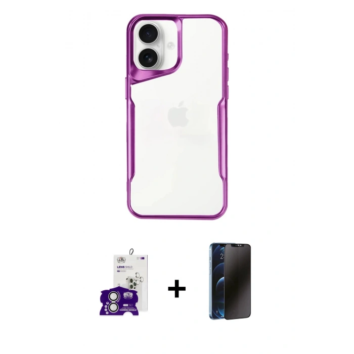 MARSİLYAN™- iPhone 16 Kılıf Akış Çizgi Koleksiyonu - Siyah 3D Antistatik Hayalet Cam Ekran Koruyucu + Bilvis Titan Kamera Lens - GS