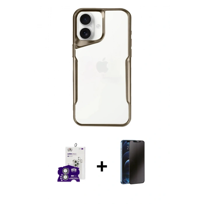 MARSİLYAN™- iPhone 16 Kılıf Akış Çizgi Koleksiyonu - Siyah 3D Antistatik Hayalet Cam Ekran Koruyucu + Bilvis Titan Kamera Lens - GS