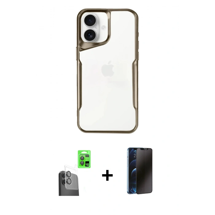 MARSİLYAN™- iPhone 16 Kılıf Akış Çizgi Koleksiyonu - Siyah 3D Antistatik Hayalet Cam Ekran Koruyucu + Raze Metal Kamera Lens - SH