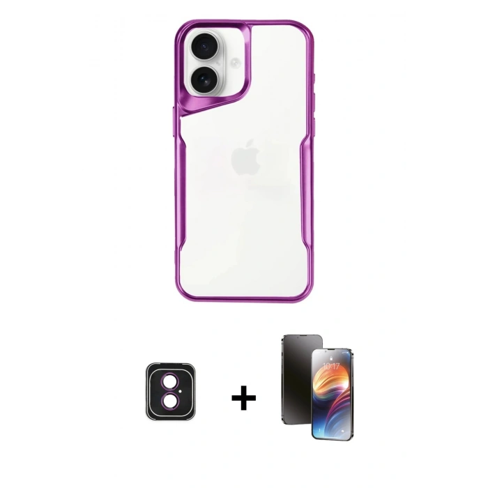 MARSİLYAN™- iPhone 16 Kılıf Akış Çizgi Koleksiyonu - Siyah 3D Antistatik Mat Seramik Nano Ekran Koruyucu + PVD Metal Kamera Lens - PE
