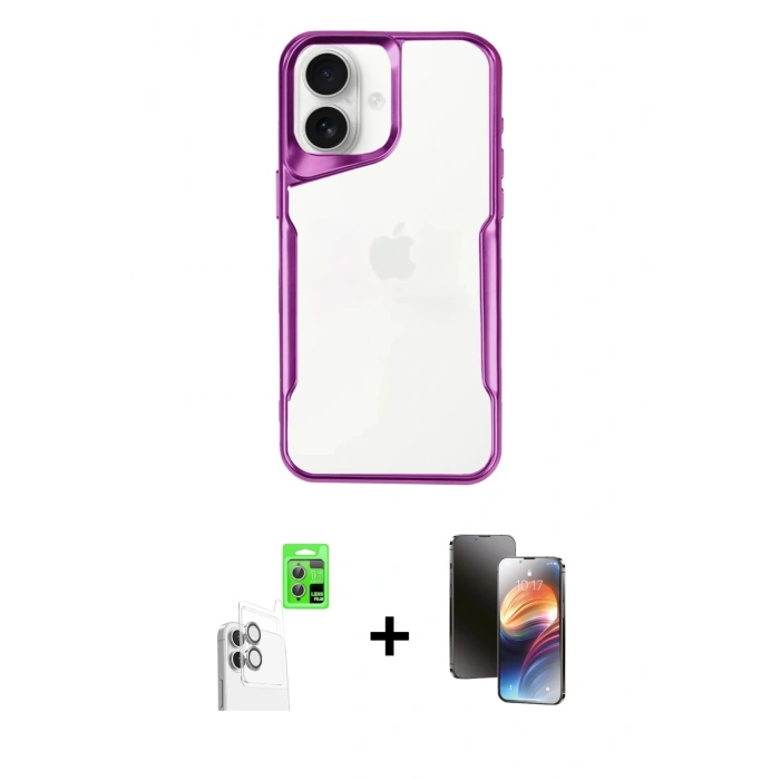 MARSİLYAN™- iPhone 16 Kılıf Akış Çizgi Koleksiyonu - Siyah 3D Antistatik Mat Seramik Nano Ekran Koruyucu + Beyaz Raze Metal Kamera Lens