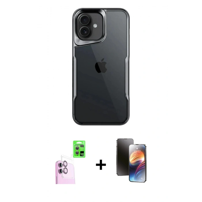 MARSİLYAN™- iPhone 16 Kılıf Akış Çizgi Koleksiyonu - Siyah 3D Antistatik Mat Seramik Nano Ekran Koruyucu + Raze Metal Kamera Lens - PE