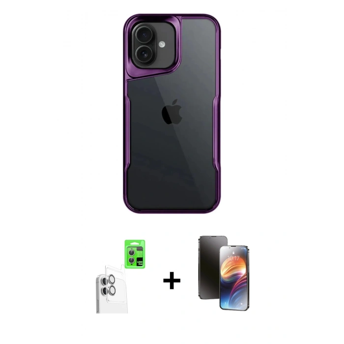 MARSİLYAN™- iPhone 16 Kılıf Akış Çizgi Koleksiyonu - Siyah 3D Antistatik Mat Seramik Nano Ekran Koruyucu + Beyaz Raze Metal Kamera Lens