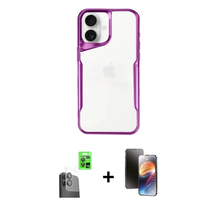 MARSİLYAN™- iPhone 16 Kılıf Akış Çizgi Koleksiyonu - Siyah 3D Antistatik Mat Seramik Nano Ekran Koruyucu + Raze Metal Kamera Lens - SH