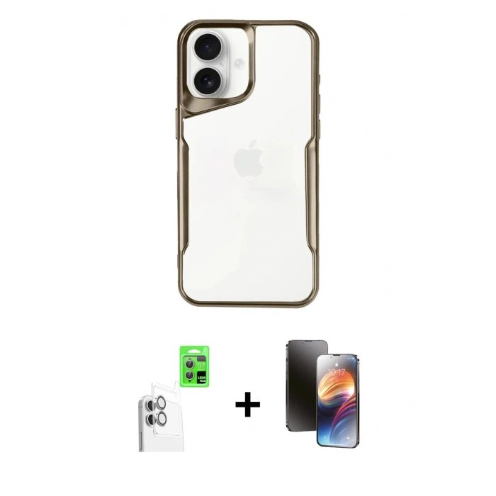 MARSİLYAN™- iPhone 16 Kılıf Akış Çizgi Koleksiyonu - Siyah 3D Antistatik Mat Seramik Nano Ekran Koruyucu + Beyaz Raze Metal Kamera Lens