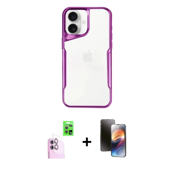 MARSİLYAN™- iPhone 16 Kılıf Akış Çizgi Koleksiyonu - Siyah 3D Antistatik Mat Seramik Nano Ekran Koruyucu + Raze Metal Kamera Lens - PE
