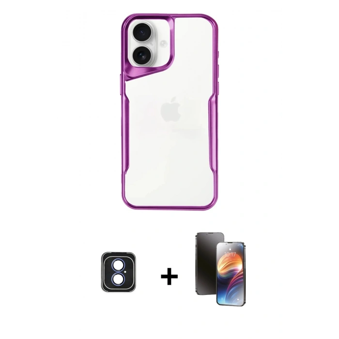MARSİLYAN™- iPhone 16 Kılıf Akış Çizgi Koleksiyonu - Siyah 3D Antistatik Mat Seramik Nano Ekran Koruyucu + PVD Metal Kamera Lens - MI