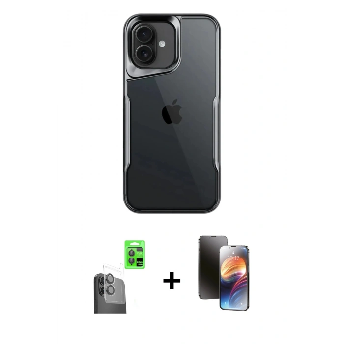 MARSİLYAN™- iPhone 16 Kılıf Akış Çizgi Koleksiyonu - Siyah 3D Antistatik Mat Seramik Nano Ekran Koruyucu + Raze Metal Kamera Lens - SH