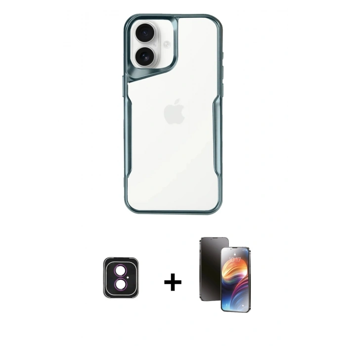 MARSİLYAN™- iPhone 16 Kılıf Akış Çizgi Koleksiyonu - Siyah 3D Antistatik Mat Seramik Nano Ekran Koruyucu + PVD Metal Kamera Lens - PE