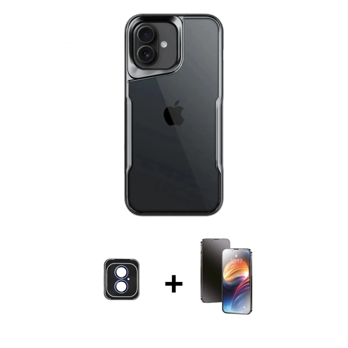 MARSİLYAN™- iPhone 16 Kılıf Akış Çizgi Koleksiyonu - Siyah 3D Antistatik Mat Seramik Nano Ekran Koruyucu + PVD Metal Kamera Lens - MI