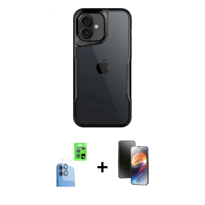 MARSİLYAN™- iPhone 16 Kılıf Akış Çizgi Koleksiyonu - Siyah 3D Antistatik Mat Seramik Nano Ekran Koruyucu + Raze Metal Kamera Lens - LT
