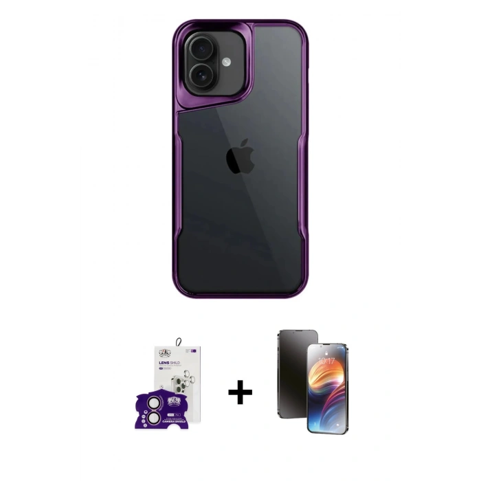 MARSİLYAN™- iPhone 16 Kılıf Akış Çizgi Koleksiyonu - Siyah 3D Antistatik Mat Seramik Nano Ekran Koruyucu + Bilvis Titan Kamera Lens - PE