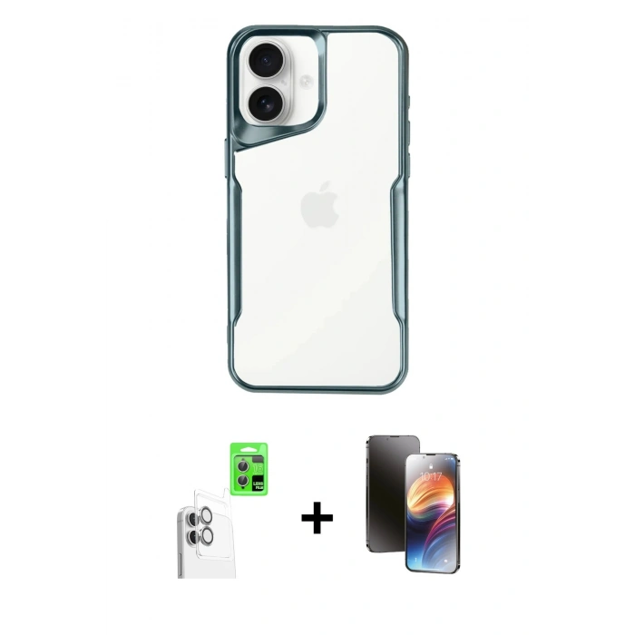 MARSİLYAN™- iPhone 16 Kılıf Akış Çizgi Koleksiyonu - Siyah 3D Antistatik Mat Seramik Nano Ekran Koruyucu + Beyaz Raze Metal Kamera Lens