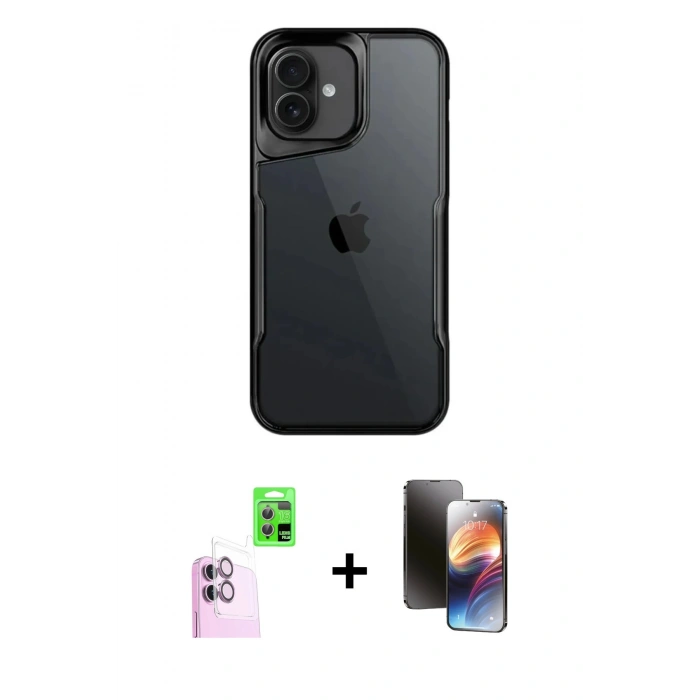 MARSİLYAN™- iPhone 16 Kılıf Akış Çizgi Koleksiyonu - Siyah 3D Antistatik Mat Seramik Nano Ekran Koruyucu + Raze Metal Kamera Lens - PE