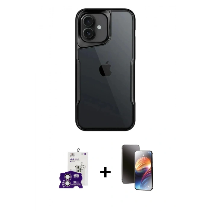 MARSİLYAN™- iPhone 16 Kılıf Akış Çizgi Koleksiyonu - Siyah 3D Antistatik Mat Seramik Nano Ekran Koruyucu + Bilvis Titan Kamera Lens - PE