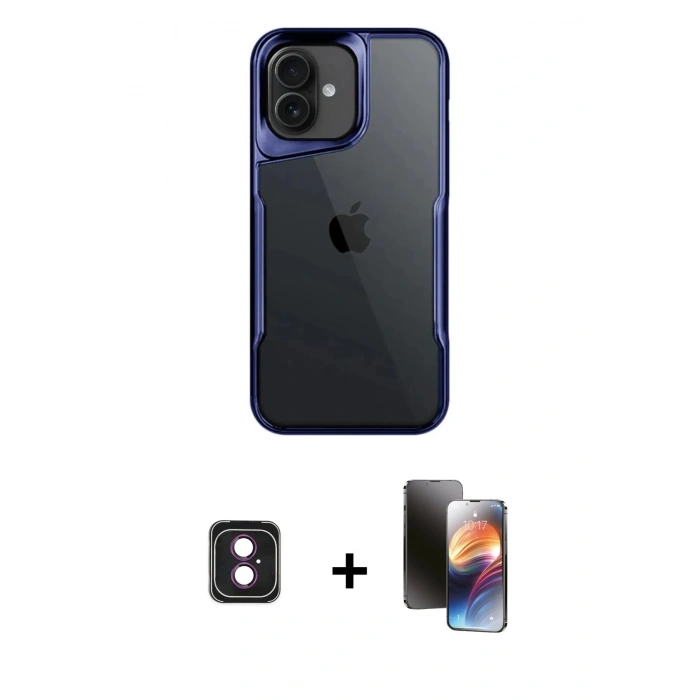 MARSİLYAN™- iPhone 16 Kılıf Akış Çizgi Koleksiyonu - Siyah 3D Antistatik Mat Seramik Nano Ekran Koruyucu + PVD Metal Kamera Lens - PE