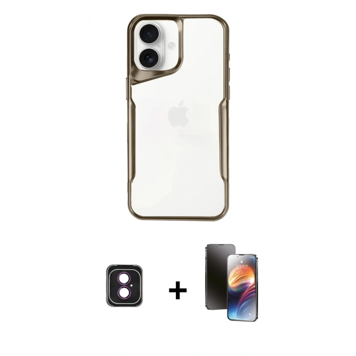 MARSİLYAN™- iPhone 16 Kılıf Akış Çizgi Koleksiyonu - Siyah 3D Antistatik Mat Seramik Nano Ekran Koruyucu + PVD Metal Kamera Lens - PE
