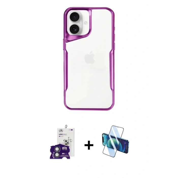 MARSİLYAN™- iPhone 16 Kılıf Akış Çizgi Koleksiyonu - Siyah 3D Antistatik Seramik Nano Ekran Koruyucu + Bilvis Titan Kamera Lens - YL