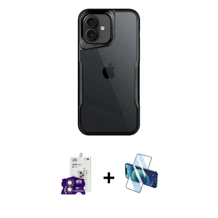 MARSİLYAN™- iPhone 16 Kılıf Akış Çizgi Koleksiyonu - Siyah 3D Antistatik Seramik Nano Ekran Koruyucu + Pembe Bilvis Titan Kamera Lens