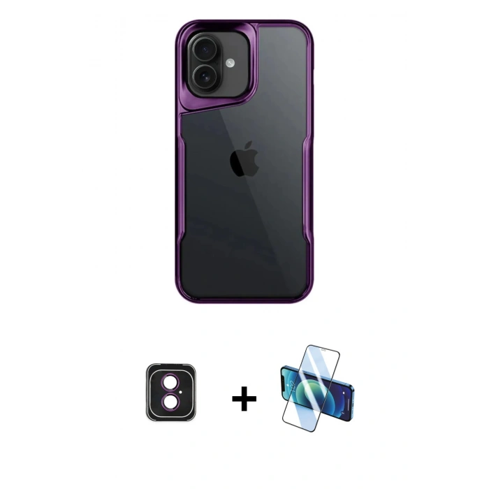 MARSİLYAN™- iPhone 16 Kılıf Akış Çizgi Koleksiyonu - Siyah 3D Antistatik Seramik Nano Ekran Koruyucu + PVD Metal Kamera Lens - PE
