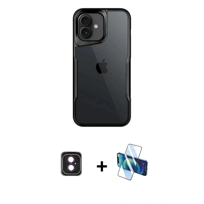MARSİLYAN™- iPhone 16 Kılıf Akış Çizgi Koleksiyonu - Siyah 3D Antistatik Seramik Nano Ekran Koruyucu + PVD Metal Kamera Lens - PE