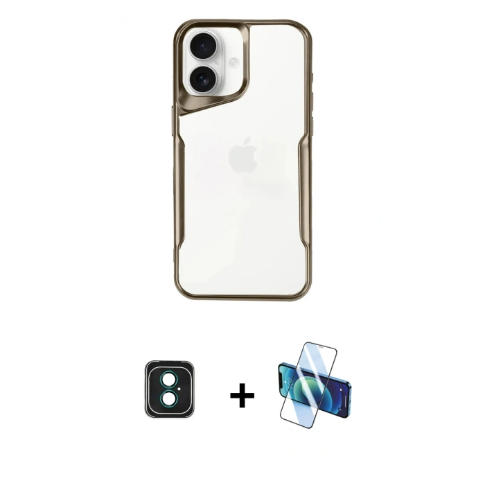 MARSİLYAN™- iPhone 16 Kılıf Akış Çizgi Koleksiyonu - Siyah 3D Antistatik Seramik Nano Ekran Koruyucu + PVD Metal Kamera Lens - YL