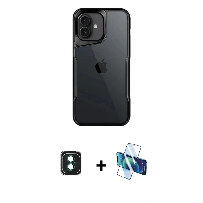 MARSİLYAN™- iPhone 16 Kılıf Akış Çizgi Koleksiyonu - Siyah 3D Antistatik Seramik Nano Ekran Koruyucu + PVD Metal Kamera Lens - YL