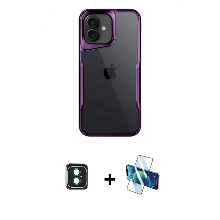 MARSİLYAN™- iPhone 16 Kılıf Akış Çizgi Koleksiyonu - Siyah 3D Antistatik Seramik Nano Ekran Koruyucu + PVD Metal Kamera Lens - YL