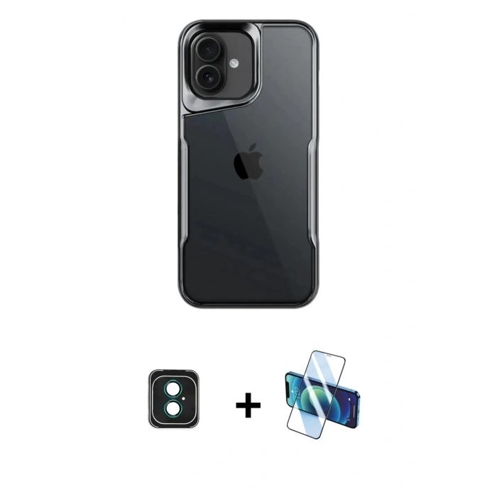 MARSİLYAN™- iPhone 16 Kılıf Akış Çizgi Koleksiyonu - Siyah 3D Antistatik Seramik Nano Ekran Koruyucu + PVD Metal Kamera Lens - YL