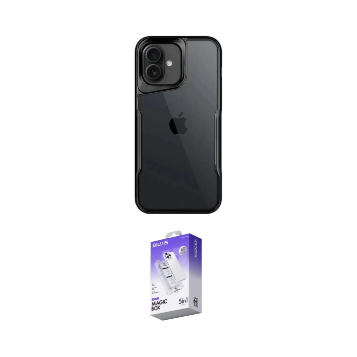 MARSİLYAN™- iPhone 16 Kılıf Akış Çizgi Koleksiyonu - Siyah Bilvis 5in1 3D Magic Cam Ekran Koruyucu