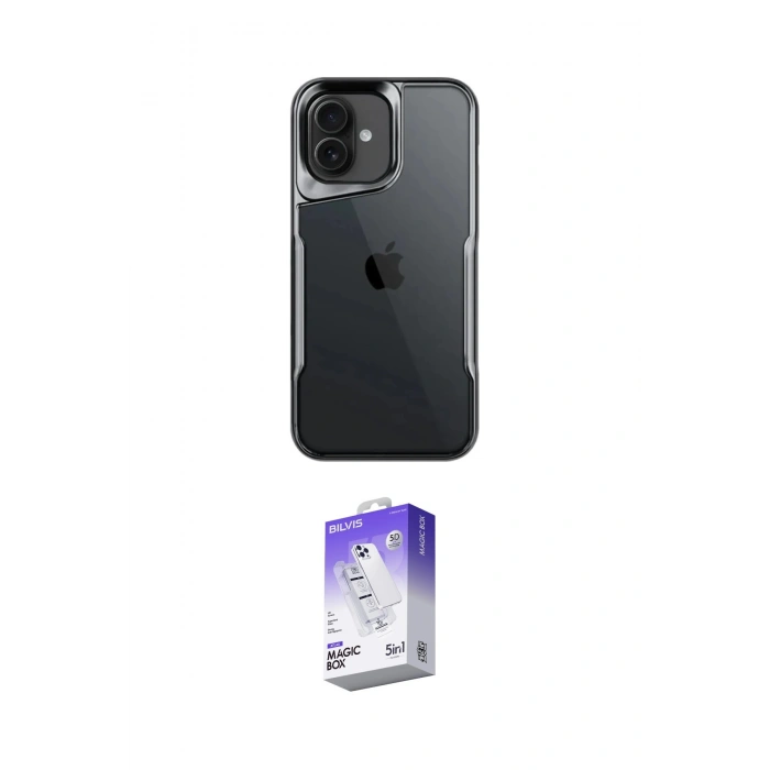 MARSİLYAN™- iPhone 16 Kılıf Akış Çizgi Koleksiyonu - Siyah Bilvis 5in1 3D Magic Cam Ekran Koruyucu