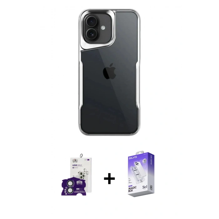 MARSİLYAN™- iPhone 16 Kılıf Akış Çizgi Koleksiyonu - Siyah Bilvis 5in1 3D Magic Cam Ekran Koruyucu + Bilvis Titan Kamera Lens - YL