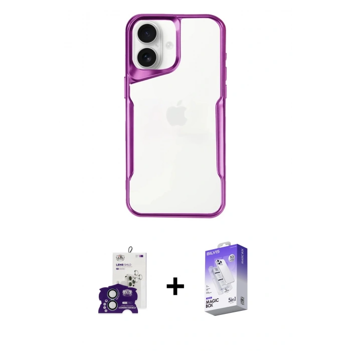 MARSİLYAN™- iPhone 16 Kılıf Akış Çizgi Koleksiyonu - Siyah Bilvis 5in1 3D Magic Cam Ekran Koruyucu + Bilvis Titan Kamera Lens - YL