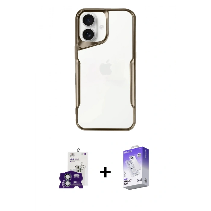 MARSİLYAN™- iPhone 16 Kılıf Akış Çizgi Koleksiyonu - Siyah Bilvis 5in1 3D Magic Cam Ekran Koruyucu + Bilvis Titan Kamera Lens - YL