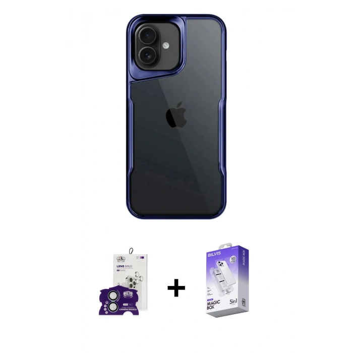 MARSİLYAN™- iPhone 16 Kılıf Akış Çizgi Koleksiyonu - Siyah Bilvis 5in1 3D Magic Cam Ekran Koruyucu + Bilvis Titan Kamera Lens - YL