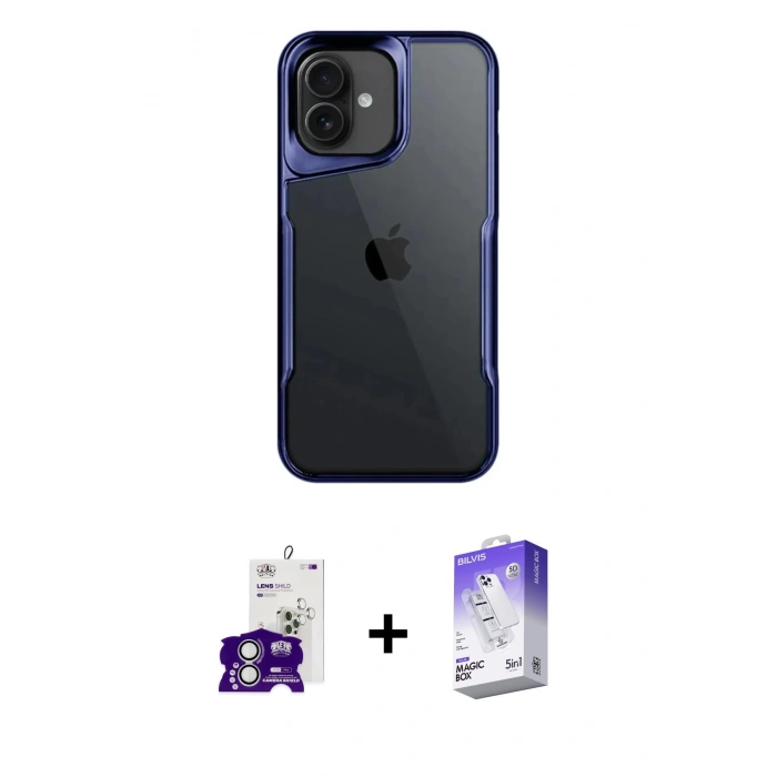 MARSİLYAN™- iPhone 16 Kılıf Akış Çizgi Koleksiyonu - Siyah Bilvis 5in1 3D Magic Cam Ekran Koruyucu + Gümüş Bilvis Titan Kamera Lens