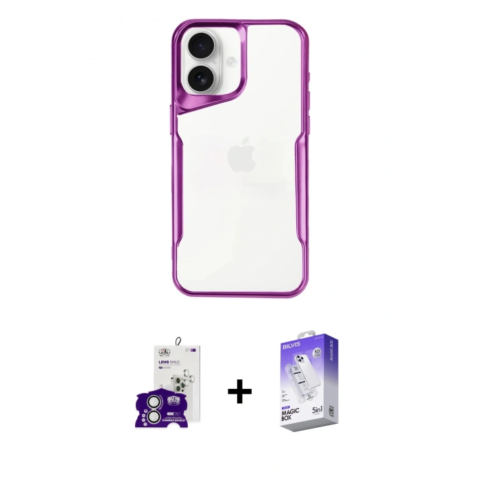 MARSİLYAN™- iPhone 16 Kılıf Akış Çizgi Koleksiyonu - Siyah Bilvis 5in1 3D Magic Cam Ekran Koruyucu + Gümüş Bilvis Titan Kamera Lens