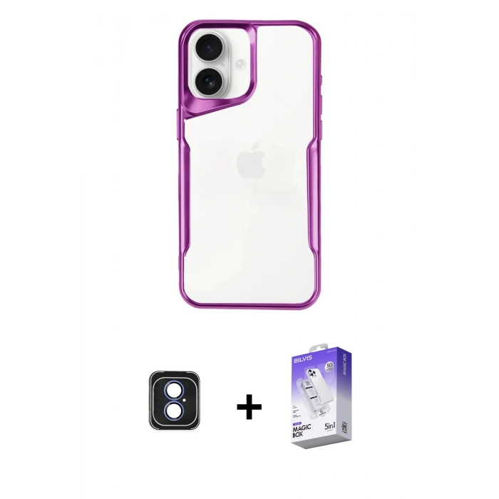 MARSİLYAN™- iPhone 16 Kılıf Akış Çizgi Koleksiyonu - Siyah Bilvis 5in1 3D Magic Cam Ekran Koruyucu + PVD Metal Kamera Lens - MI